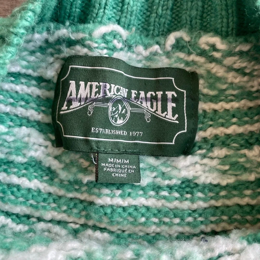 American Eagle Fair Isle Snowdrift Green And WhiteSweater